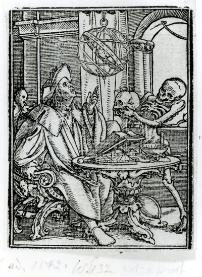 ハンス・ルツェルバーガーが刻んだ「死のダンス」の死と天文学者、1538年頃 作： Hans Holbein der Jüngere