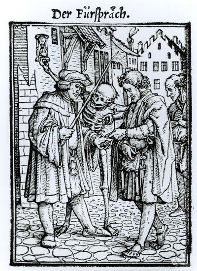 ハンス・ラッツェルバーガー、1538年頃に刻まれた「死のダンス」の死と法廷弁護士 作： Hans Holbein der Jüngere