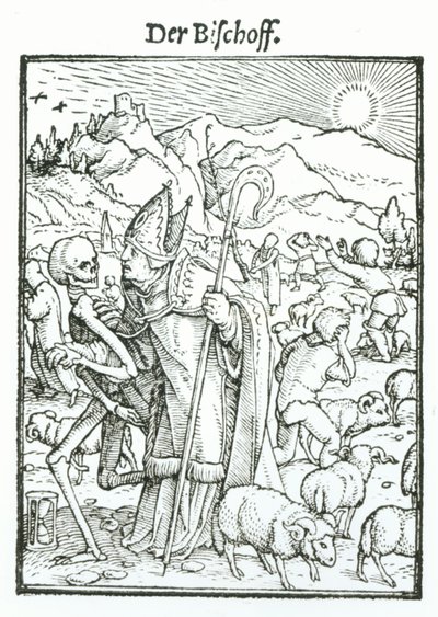 ハンス・ラッツェルバーガーによって刻まれた「死のダンス」からの死と司教、1538年頃 作： Hans Holbein der Jüngere