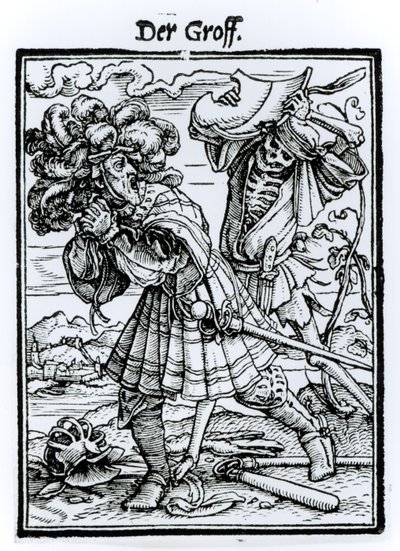 ハンス・ラッツェルバーガーによって刻まれた「死のダンス」からの死と伯爵、1538年頃 作： Hans Holbein der Jüngere