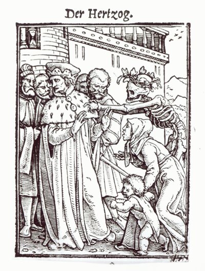 ハンス・ラッツェルバーガーによって刻まれた「死のダンス」の死と公爵、1538年頃 作： Hans Holbein der Jüngere