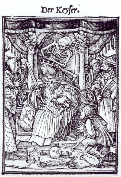 「死のダンス」からの死と皇帝、ハンス・ルツェルバーガーの彫刻、1538年頃 作： Hans Holbein der Jüngere