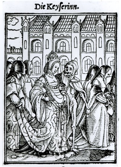 ハンス・ラッツェルバーガーによって刻まれた「死のダンス」からの死と皇后、1538年頃 作： Hans Holbein der Jüngere