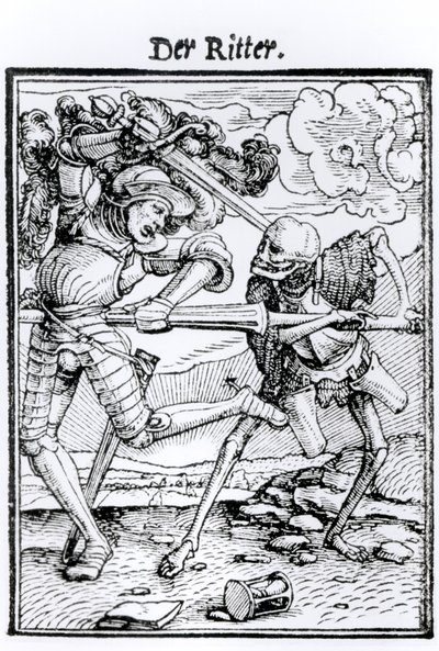 ハンス・ラッツェルバーガーが刻んだ「死のダンス」の死と騎士、1538年頃 作： Hans Holbein der Jüngere