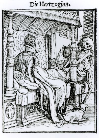 ハンス・ラッツェルバーガーによって刻まれた「死のダンス」からの死と女性、1538年頃 作： Hans Holbein der Jüngere