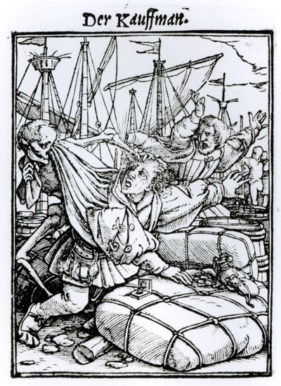 ハンス・ルツェルバーガーが刻んだ「死のダンス」の死と商人、1538年頃 作： Hans Holbein der Jüngere