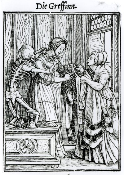ハンス・ラッツェルバーガーによって刻まれた「死のダンス」からの死と愛人、1538年頃 作： Hans Holbein der Jüngere