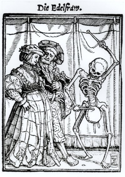ハンス・ラッツェルバーガーによって刻まれた「死のダンス」からの死と貴婦人、1538年頃 作： Hans Holbein der Jüngere