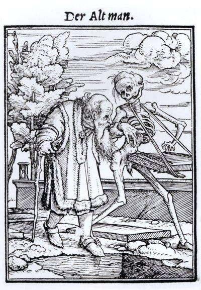 ハンス・ラッツェルバーガーによって刻まれた「死のダンス」の死と老人、1538年頃 作： Hans Holbein der Jüngere