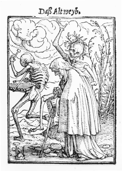 ハンス・ラッツェルバーガーによって刻まれた「死のダンス」の死と老婆、1538年頃（木版画）（bw写真） 作： Hans Holbein der Jüngere