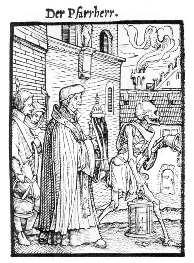 ハンス・ラッツェルバーガーによって刻まれた「死のダンス」からの死と教区司祭、1538年頃 作： Hans Holbein der Jüngere