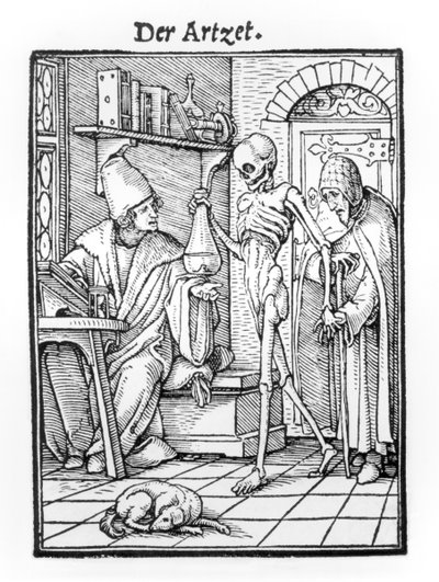 ハンス・ラッツェルバーガーによって刻まれた「死のダンス」からの死と医師、1538年頃 作： Hans Holbein der Jüngere