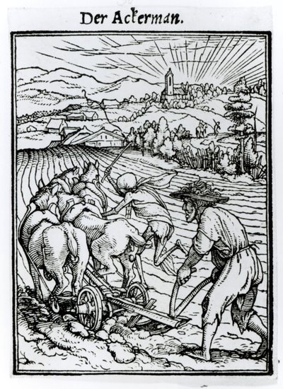ハンス・ラッツェルバーガーによって刻まれた「死のダンス」（1538年頃）の「死とプラウマン」 作： Hans Holbein der Jüngere
