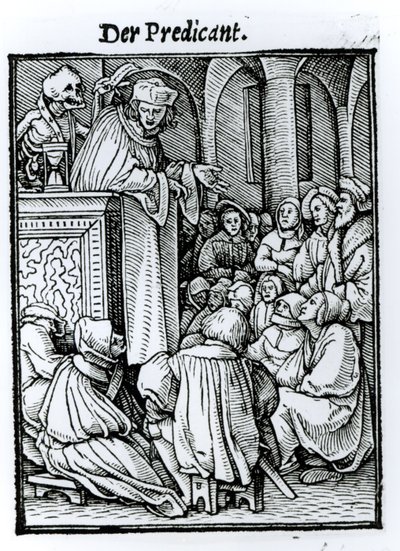 ハンス・ラッツェルバーガーによって彫刻された「死のダンス」からの死と説教者、1538年頃 作： Hans Holbein der Jüngere