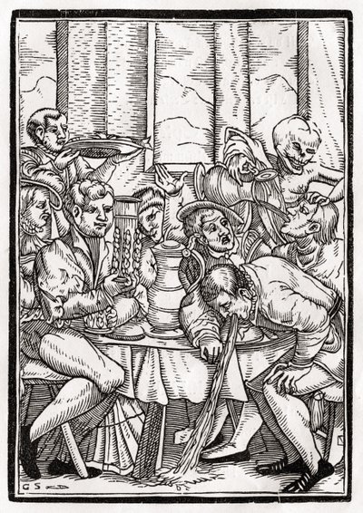 1843年にバーゼルで公開された「Der Todten Tanz」から、Georg Scharffenbergによって刻まれた酔っぱらいの死 作： Hans Holbein der Jüngere