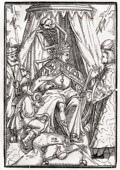 1843年にバーゼルで公開された「Der Todten Tanz」からGeorg Scharffenbergによって彫刻された皇帝の死 作： Hans Holbein der Jüngere