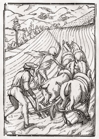 1843年にバーゼルで出版された「Der Todten Tanz」から、Georg Scharffenbergによって彫刻された農夫または夫のために死が訪れる 作： Hans Holbein der Jüngere