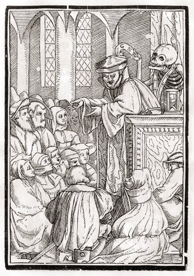 1843年にバーゼルで出版された「Der Todten Tanz」から、Georg Scharffenbergによって彫刻された説教者の死が訪れる 作： Hans Holbein der Jüngere