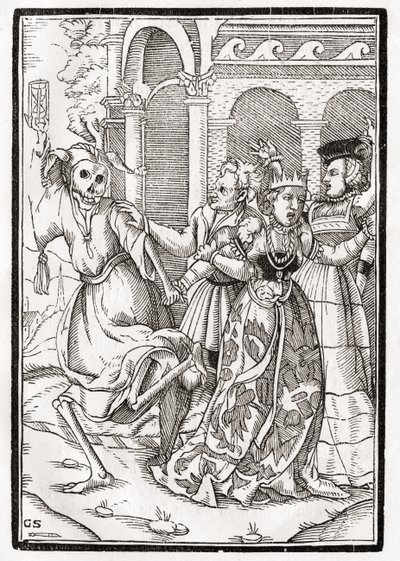 1843年にバーゼルで公開された「Der Todten Tanz」からGeorg Scharffenbergによって刻まれた女王の死 作： Hans Holbein der Jüngere