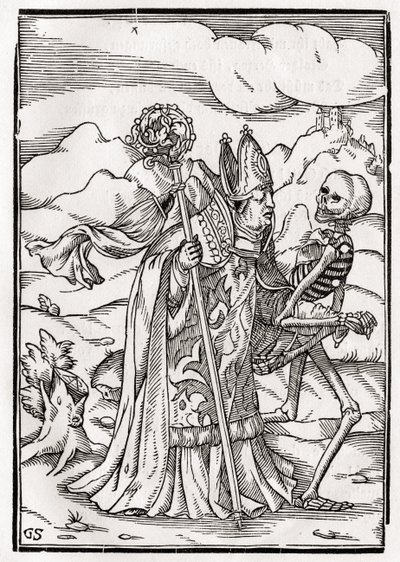 1843年にバーゼルで出版された「Der Todten Tanz」から、ジョージシャルフェンベルクによって彫刻された司教に死が訪れる 作： Hans Holbein der Jüngere