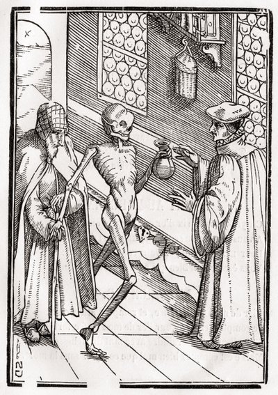 1843年にバーゼルで公開された「Der Todten Tanz」から、Georg Scharffenbergによって刻まれた死が医者のもとにやって来る 作： Hans Holbein der Jüngere