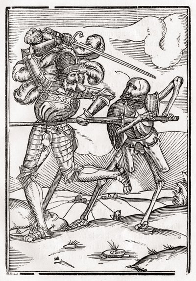 1843年にバーゼルで公開された「Der Todten Tanz」から死が騎士または伯爵にやって来る 作： Hans Holbein der Jüngere