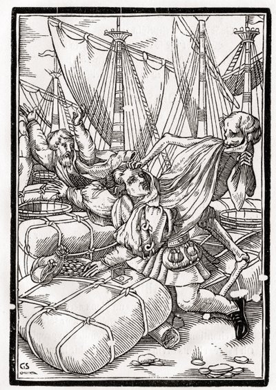 1843年にバーゼルで公開された「Der Todten Tanz」から、Georg Scharffenbergによって刻まれた商人の死 作： Hans Holbein der Jüngere