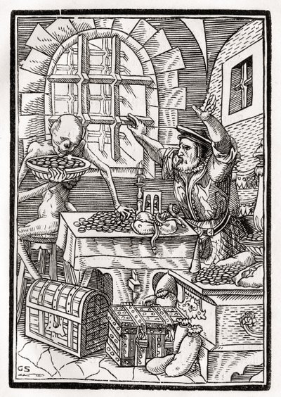 1843年にバーゼルで公開された「Der Todten Tanz」から、Georg Scharffenbergによって彫刻されたMiserまたはUsurerに死が訪れる 作： Hans Holbein der Jüngere