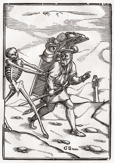 1843年にバーゼルで公開された「Der Todten Tanz」から、Georg Scharffenbergによって彫刻されたペドラーに死が訪れる 作： Hans Holbein der Jüngere