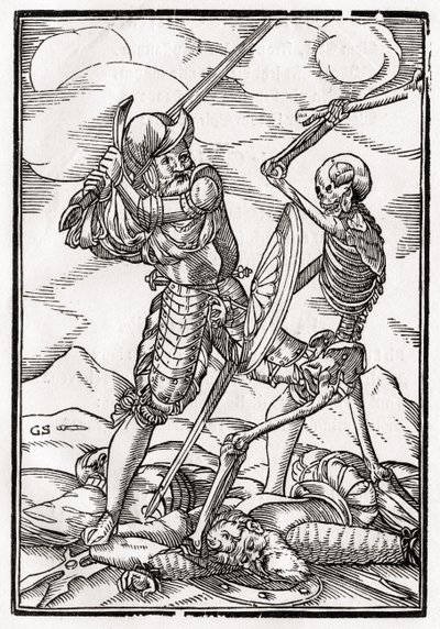 1843年にバーゼルで公開された「Der Todten Tanz」からGeorg Scharffenbergによって彫刻された兵士の死 作： Hans Holbein der Jüngere