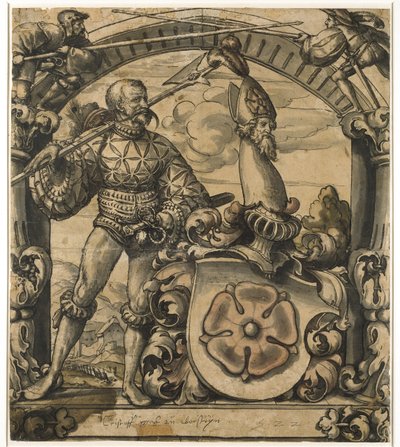 ステンドグラスの紋章パネルのデザイン、1522（ペンと黒インク、ウォッシュ付き） 作： Hans Holbein der Jüngere