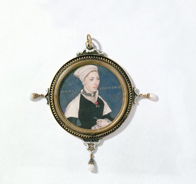 ジェーン・スモール、以前はロバート・ペンバートン夫人として知られていた、1540年頃（トランプに取り付けられたベラムのトイレ）（14732の詳細） 作： Hans Holbein der Jüngere