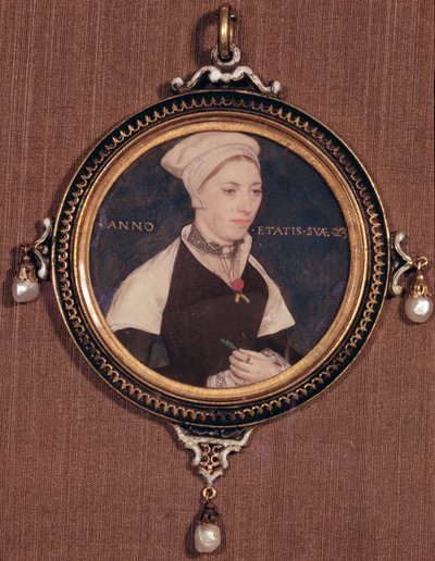 ジェーンスモールのミニチュアポートレート（以前はロバートペンバートン夫人として知られていました）、c.1540（トランプに取り付けられたベラムのトイレ） 作： Hans Holbein der Jüngere