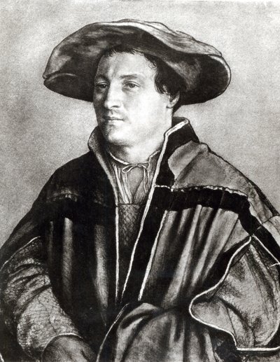 赤い帽子をかぶった男の肖像、c.1530（紙にチョークとトイレ） 作： Hans Holbein der Jüngere