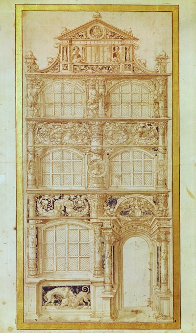 3階建ての家と切妻の正面の提案（紙にペンとインク） 作： Hans Holbein der Jüngere