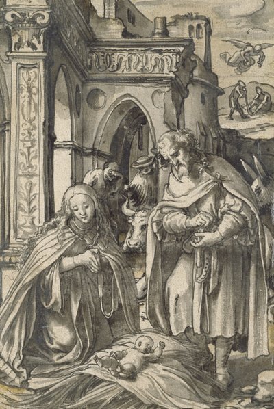 キリスト降誕（灰色の洗浄とブラシとインドのインク） 作： Hans Holbein der Jüngere