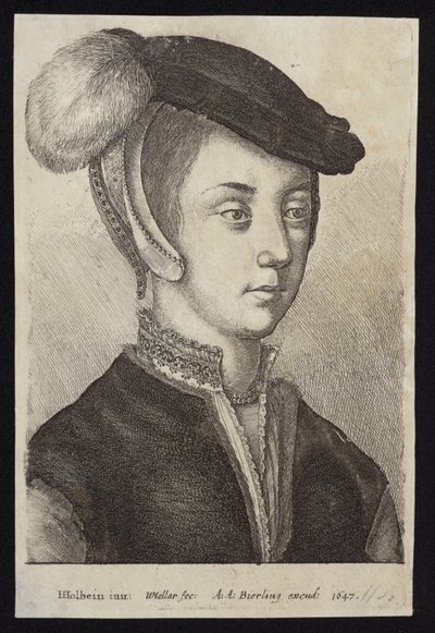 羽付きキャップを持つ若い女性 作： Hans Holbein der Jüngere