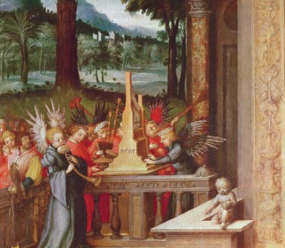 オルガンを演奏する天使の聖母子と聖人の詳細、1519オークのオイル 作： Hans Holbein the Elder
