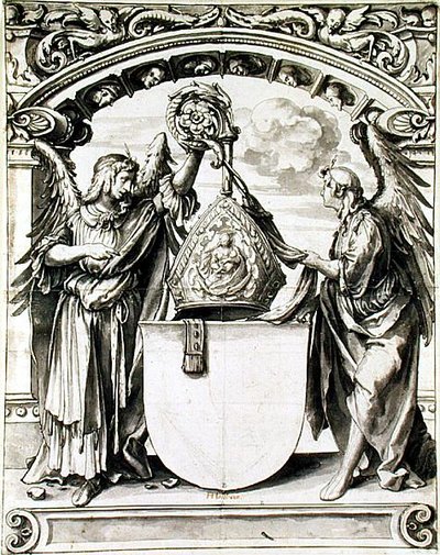 ガラス絵のデザイン、1520年頃（紙にペンとグレーのウォッシュと黒のチョーク 作： Hans Holbein der Jüngere