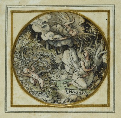 ハガルとイシュマエル - ペンダントまたは帽子バッジのためのデザイン、1532-43年頃（紙にペンとインク 作： Hans Holbein der Jüngere
