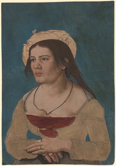若きハンス・ホルバイン（頃） - 赤いボディスの若い女性の肖像 1823.143年 作： Hans Holbein the Younger
