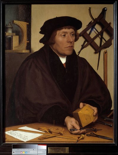 ニコラ・クラッツァー（1487-1550）の肖像 ヘンリー8世の天文学者。若き日のハンス・ホルベイン（1497-1543）による絵画。16世紀の作品。薄暗い。0.83×0.67m。 作： Hans Holbein der Jüngere