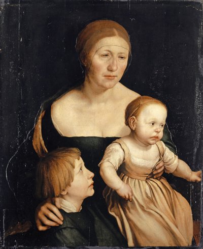 1528-29年の2人の年長の子供を持つアーティストの妻の肖像（木材にマウントされた紙の混合メディア） 作： Hans Holbein der Jüngere