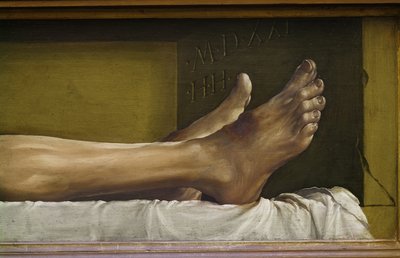 死んだキリストの肉体、足の詳細と作品の署名と日付、ライムウッドの1521テンペラ 作： Hans Holbein der Jüngere