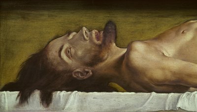 死んだキリストの体、頭の詳細、ライムウッドの1521テンペラ 作： Hans Holbein der Jüngere
