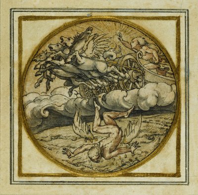 イカルスの落下-ペンダントまたは帽子のバッジのデザイン 1532-43年頃 （紙にペンとインク 作： Hans Holbein der Jüngere