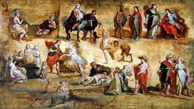 神話や宗教的なシーン。Aワークショップ・モデルロ（パネルに油彩） 作： Hans III Jordaens