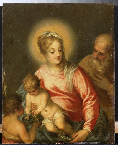聖家族と洗礼者聖ヨハネ。 Hans Rottenhammer Groin (1564-1625) による絵画。 銅に油彩、27.5 x 35 cm、16 世紀後半、17 世紀初頭。 ドイツの芸術、バロック様式。 プーシキン美術館、モス 作： Hans I or Johann Rottenhammer