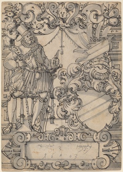 紋章付きの寄付者 (盾の伴侶と斜棒の紋章の盾) 作： Hans Jegli II