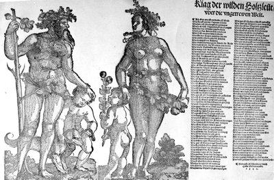 荒野の森から野生の森の男たちを引き抜いたブロードサイド、ハンス・グルデンムント作の木版画、1545 作： Hans Leonard Schaufelein